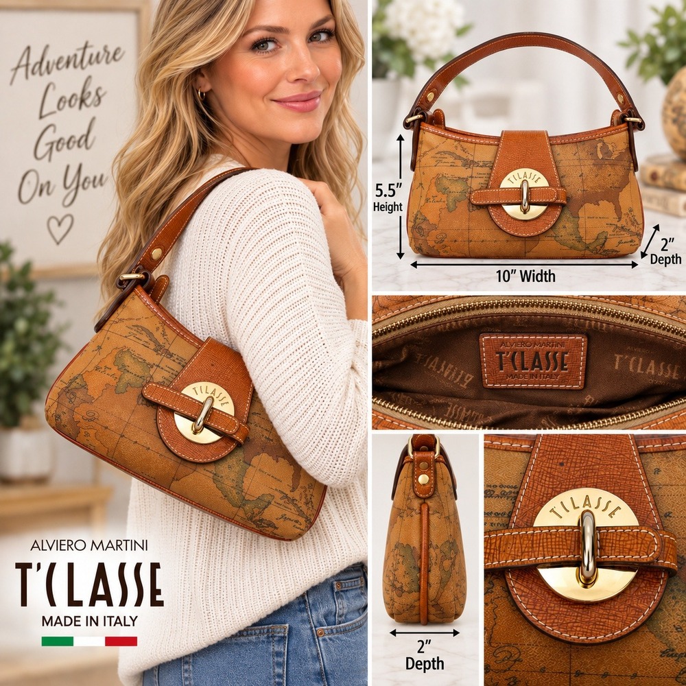 Vintage Alviero Martini 1a Classe Geo Map Print Leather Bag Made in Italy